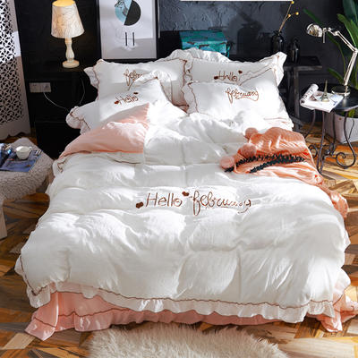 2019新款-韩版水洗棉四件套 床单款1.5m（5英尺）床 白+玉