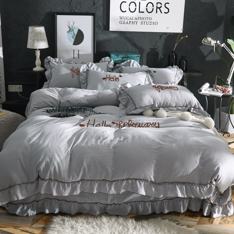 2019新款-韩版水洗棉四件套 床单款1.5m（5英尺）床 灰色
