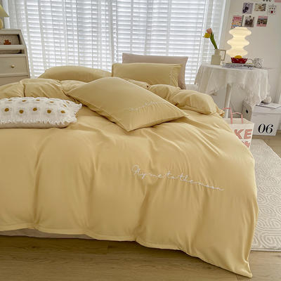 纯色系列简约刺绣四件套柔软磨毛床上用品单个被套 1.2m床单款三件套 字母-布丁奶茶