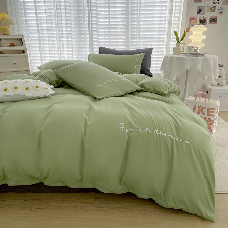 纯色系列简约刺绣四件套柔软磨毛床上用品单个被套 单品：180X220cm被套 字母-豆绿灰