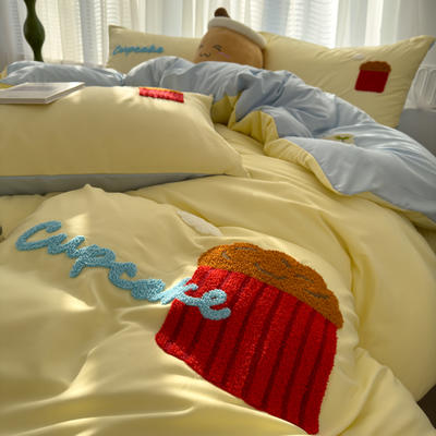 曼谷 熊猫毛巾绣四件套柔软磨毛床上用品水洗棉套件 180X220cm 单被套 蛋糕-芝士蓝