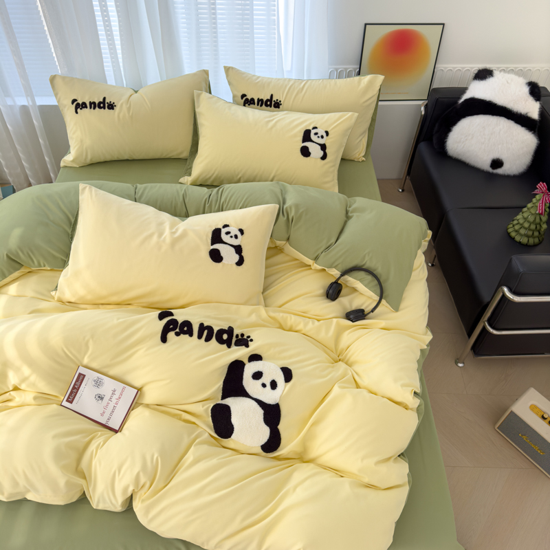 曼谷 熊猫毛巾绣四件套柔软磨毛床上用品水洗棉套件 180X220cm 单被套 熊猫-芝士绿