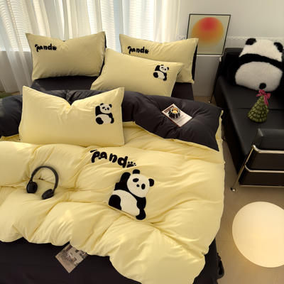 曼谷 熊猫毛巾绣四件套柔软磨毛床上用品水洗棉套件 180X220cm 单被套 熊猫-芝士黑
