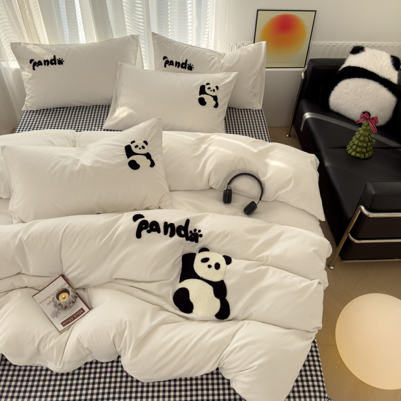 曼谷 熊猫毛巾绣四件套柔软磨毛床上用品水洗棉套件 180X220cm 单被套 熊猫-黑格
