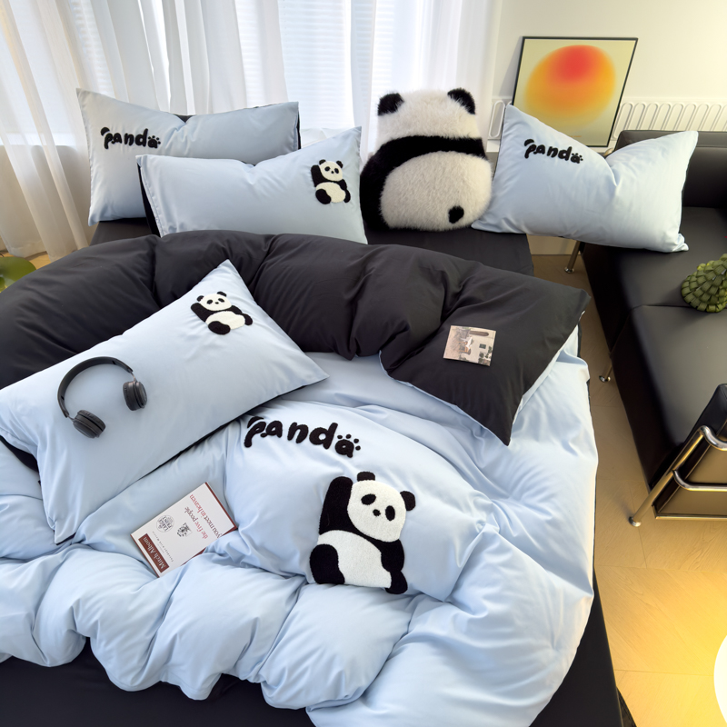 曼谷 熊猫毛巾绣四件套柔软磨毛床上用品水洗棉套件 180X220cm 单被套 熊猫-淡蓝黑