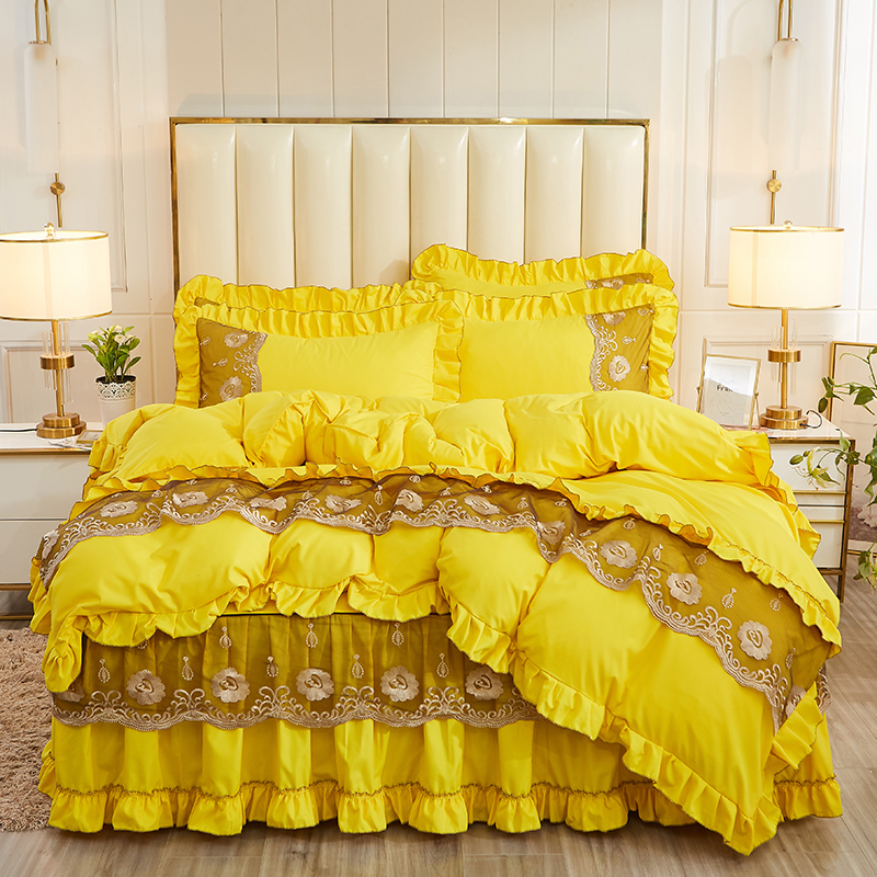 2020新款磨毛刺绣床裙套件莫兰迪系列—床裙四件套 单枕套/对 莫兰迪-靓丽黄