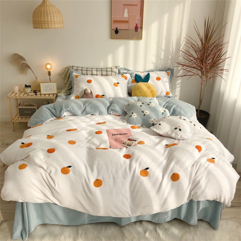 2019实拍 新品美肤绒 水果刺绣款 四件套 1.8m（6英尺）床（精致手提袋） 桔子白
