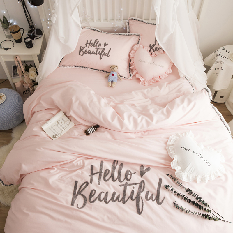 2019新品全棉Hello beautiful 系列四件套 1.5m（5英尺）床（精致手提袋） Hello粉玉