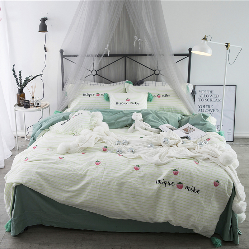 2019新品水洗棉草莓系列四件套 标准床单款 (1.5米-1.8米通用) 草莓绿