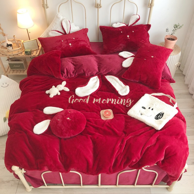 2019新款-兔兔绒晚安兔四件套实拍 床单款三件套1.2m（4英尺）床 红