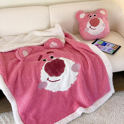 2023新款迪士尼加厚色大朵羊羔绒卡通刺绣毛毯（风格三） 150*200cm毛毯（送抱枕一个） 粉粉草莓熊