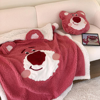 2023新款迪士尼加厚色大朵羊羔绒卡通刺绣毛毯（风格三） 150*200cm毛毯（送抱枕一个） 玫红草莓熊