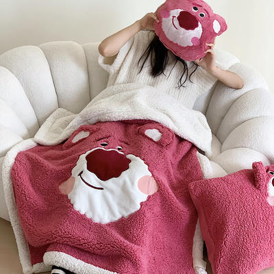 2023新款迪士尼加厚色大朵羊羔绒卡通刺绣毛毯（风格一） 150*200cm毛毯（送抱枕一个） 玫红草莓熊