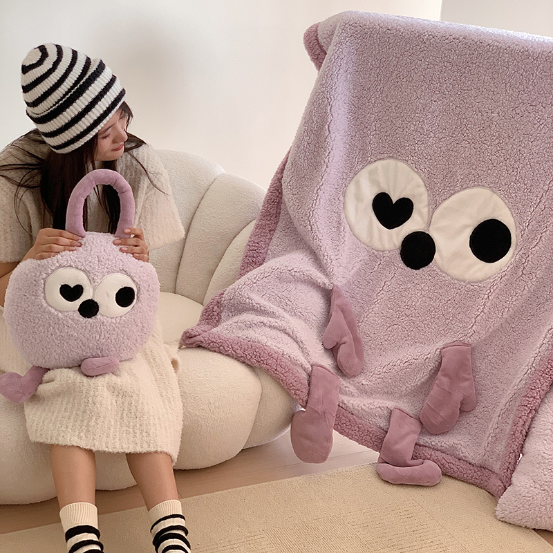 2023新款双层色大朵羊羔绒卡通刺绣抱枕毛毯 150*200cm毛毯（送抱枕一个） 浅紫毛怪