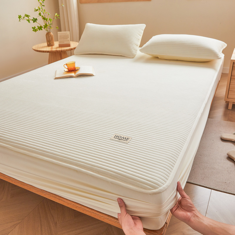 2024新款a类母婴级防水床笠纯色床单床垫保护套 90x200cm+30cm两件套 直线-米白