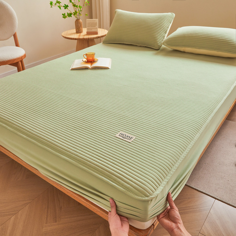 2024新款a类母婴级防水床笠纯色床单床垫保护套 90x200cm+30cm两件套 直线-豆绿