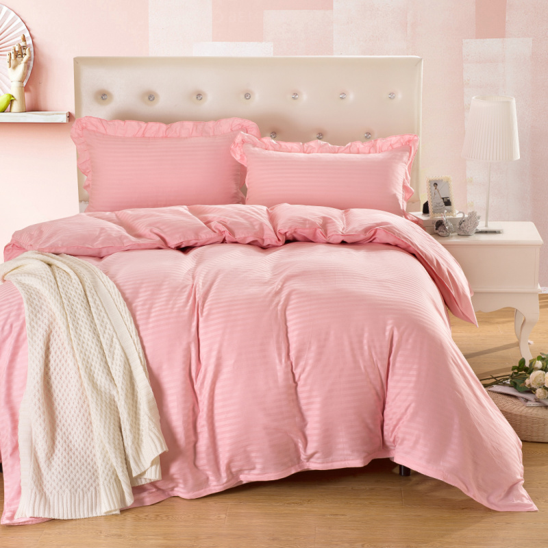 套件16 全棉纯色缎条单层床罩四件套12 1.5米床标准四件套 玉色
