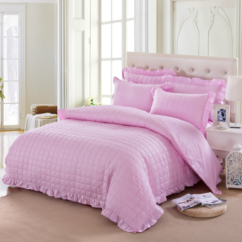 套件15 全棉全套夹棉纯色缎条床裙四件套11 1.8m（6英尺）床 粉色
