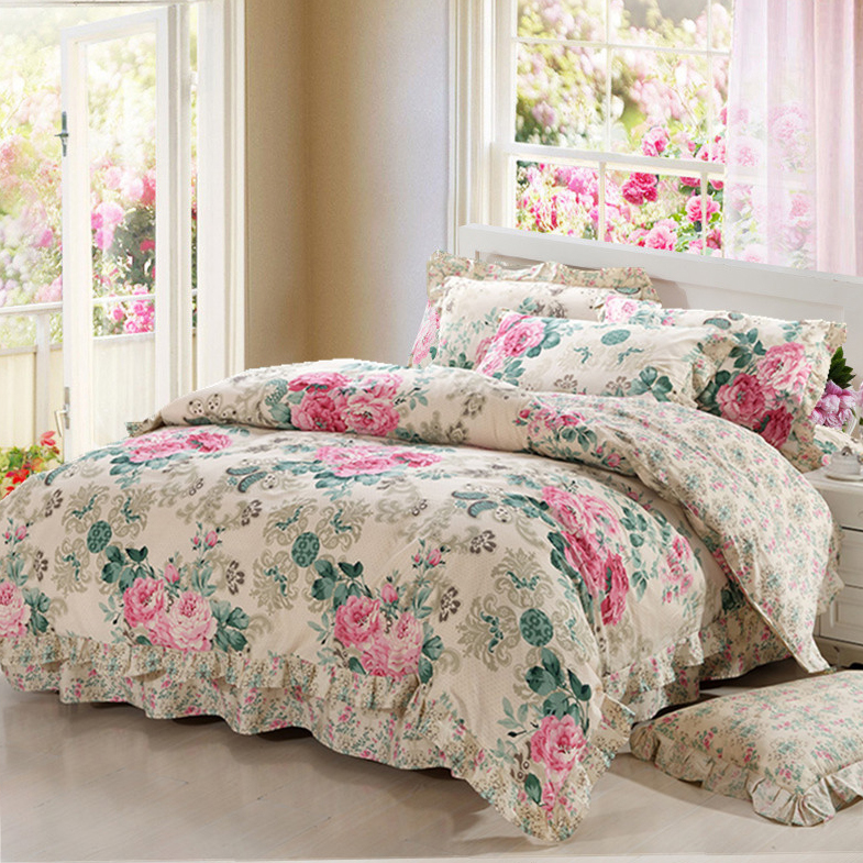 套件12 全棉韩版双层花边床罩四件套 1.8米床标准四件套 芬芳花语