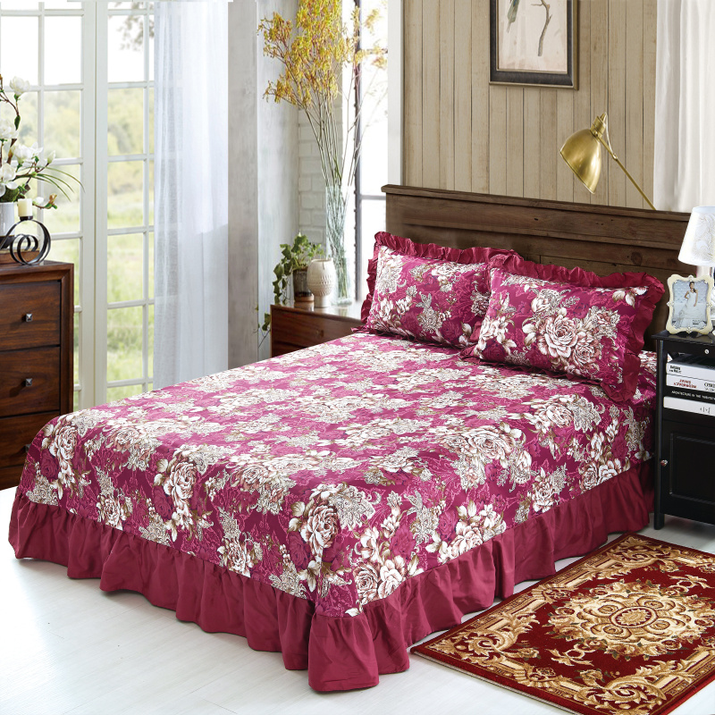 单品床单类3 全棉印花床裙式床单 250*250cm+同款枕套 彩云枣红