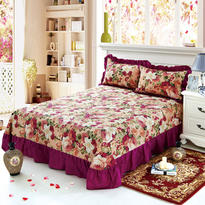 单品床单类3 全棉印花床裙式床单 250*250cm+同款枕套 彩云紫色