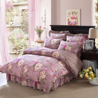 套件1-1普款单层床罩四件套-花卉条格花色（配花边枕） 1.5床小号床罩款四件套 花团锦簇