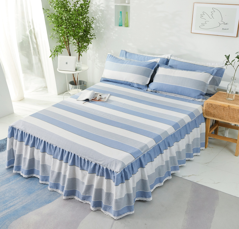单品床罩类6-1：全棉小白边单层床裙12 150cmx200cm 小蓝调