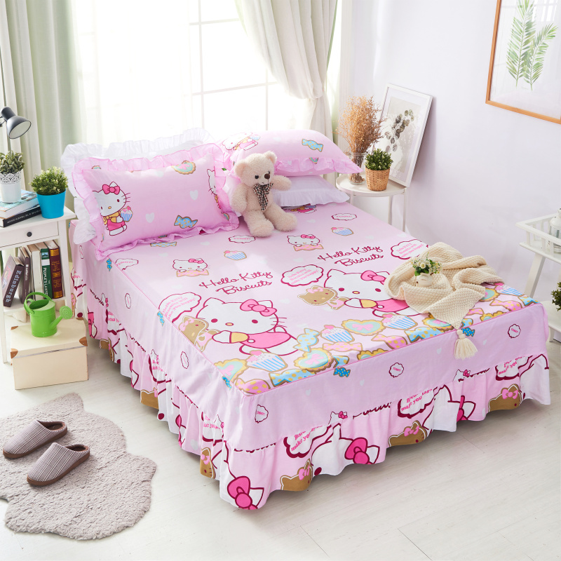 单品床罩类1-1   全棉普款单层萌夏卡通系列床罩 120cmx200cm+同款枕套一对 小猫粉