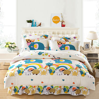 套件1-1普款单层床罩四件套-萌夏卡通花色（配花边枕） 1.5床小号床罩款四件套 大象的梦想