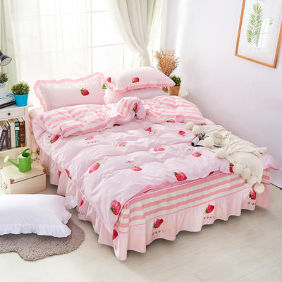 套件1-1普款单层床罩四件套-萌夏卡通花色（配花边枕） 1.5床小号床罩款四件套 小草莓粉