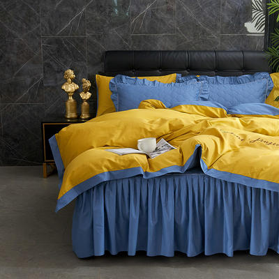 素拼夹棉床裙四件套13 1.8m标准床裙款四件套 黄蓝+蓝