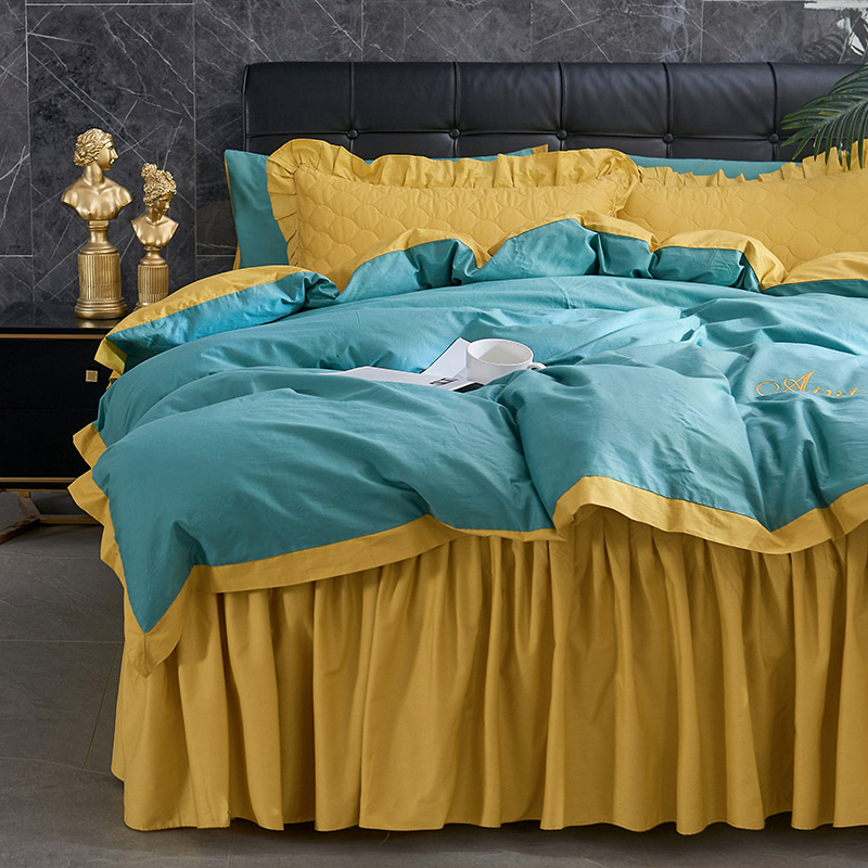 素拼夹棉床裙四件套13 1.8m标准床裙款四件套 绿黄+黄