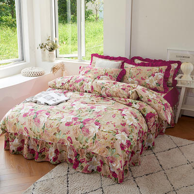套件1-1普款单层床罩四件套-花卉条格花色（配花边枕） 1.5床小号床罩款四件套 彩云紫色