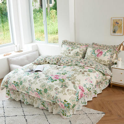 套件1-1普款单层床罩四件套-花卉条格花色（配花边枕） 1.5床小号床罩款四件套 芬芳花语
