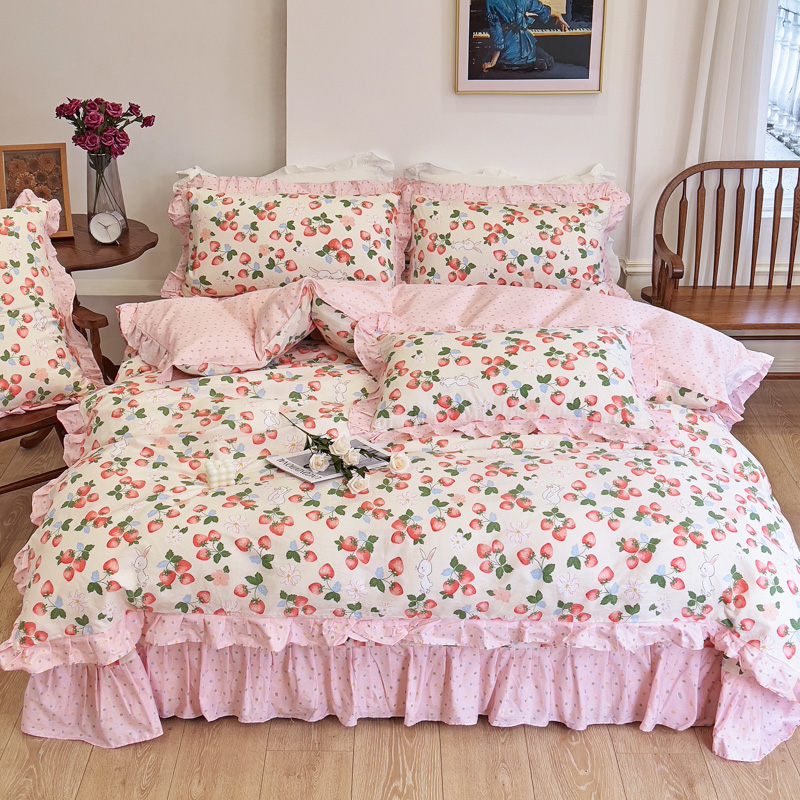 2023新款全棉春暖系列床单四件套-花边床单四件套 1.8m床单款四件套 草莓啵啵