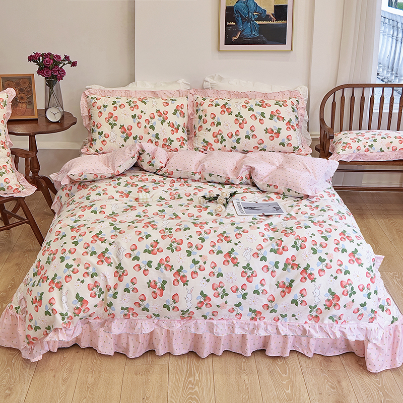 2023新款全棉春暖系列床单四件套-夹棉床盖四件套 1.8m床单款四件套（花边被套） 草莓啵啵