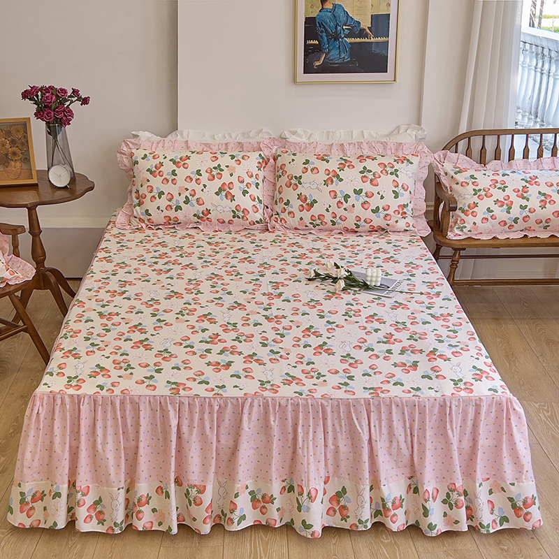 2023新款全棉春暖系列单品床裙床单类-单层床裙 120*200（定）cm 草莓啵啵