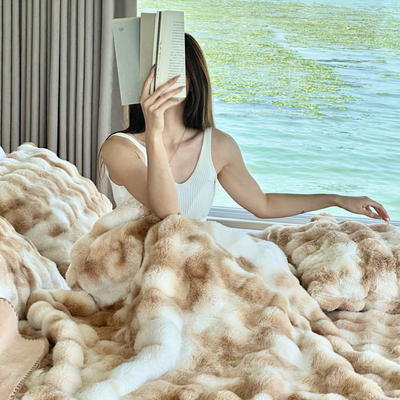 2023新款大泡泡兔绒毛毯托斯卡纳毛毯皮革毯披肩毯午睡毯（风格一） 100*150cm 托斯卡纳-杏棕