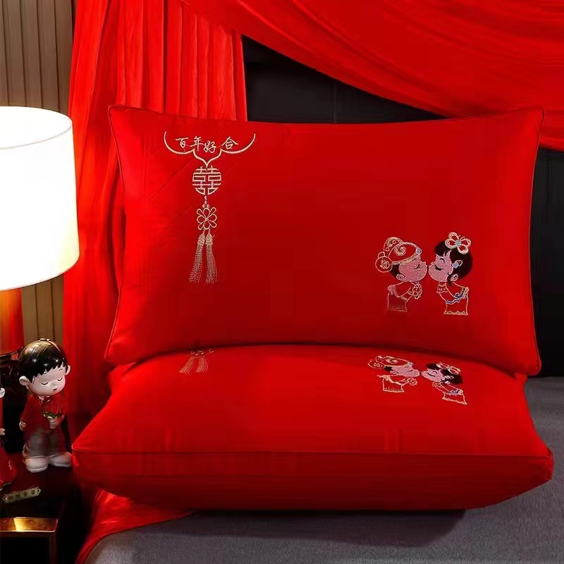 2023新款纯棉婚庆枕全棉大红婚庆枕 百年好合