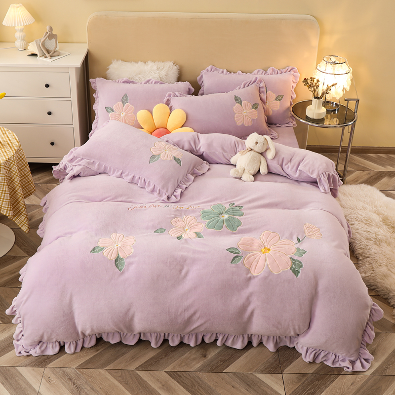 2021新款宝宝绒牛奶绒四件套直播专供 1.8m床单款四件套 花开朵朵-浅紫