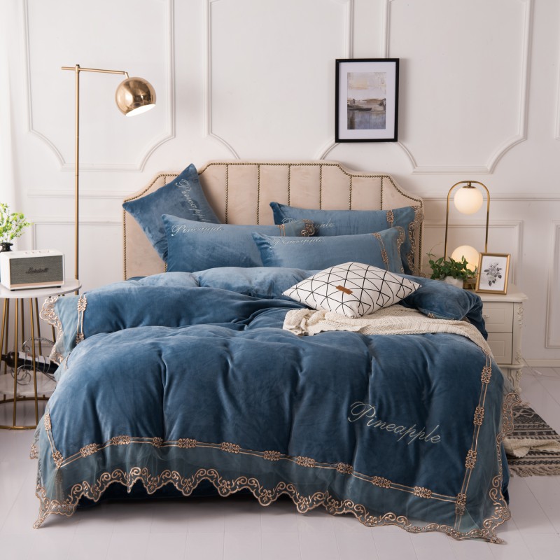2019新款-刺绣蕾丝牛奶绒四件套 床单款1.5m（5英尺）床 宝蓝