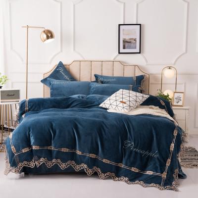 2019新款-刺绣蕾丝牛奶绒四件套 床单款1.5m（5英尺）床 深蓝