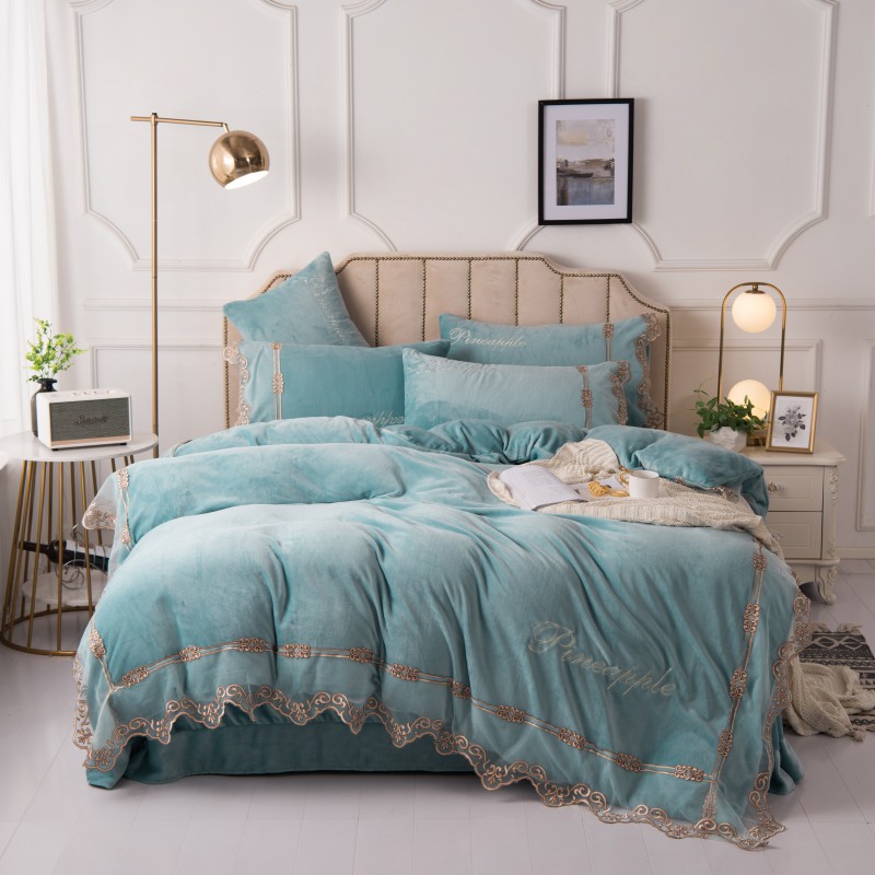 2019新款-刺绣蕾丝牛奶绒四件套 床单款1.5m（5英尺）床 天蓝