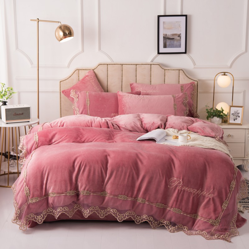 2019新款-刺绣蕾丝牛奶绒四件套 床单款1.5m（5英尺）床 砖红