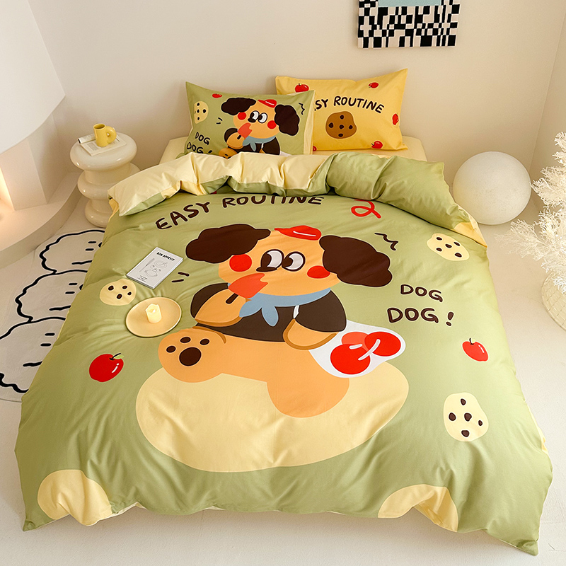 2025新款全棉13372卡通大版数码印花三件套四件套 雪糕狗（绿）