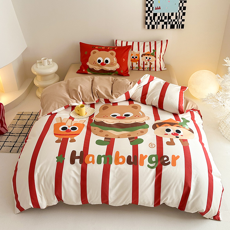 2025新款全棉13372卡通大版数码印花三件套四件套 薯条汉堡