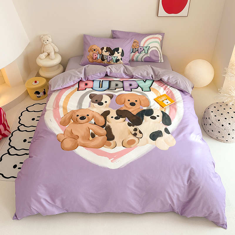 2025新款全棉13372卡通大版数码印花三件套四件套 小奶狗