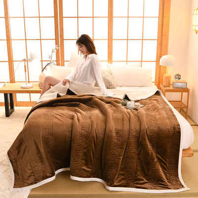 【优选】中国风牛奶绒毛毯三层加厚型法兰绒毯拉舍尔盖毯绗缝加棉工艺绒毯子 150*200cm 咖啡