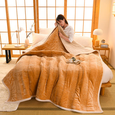 【优选】中国风牛奶绒毛毯三层加厚型法兰绒毯拉舍尔盖毯绗缝加棉工艺绒毯子 150*200cm 驼色