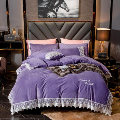 蕾丝款保暖绒水晶绒四件套 1.8m床四件套（普通床单款） 罗兰紫-蕾丝